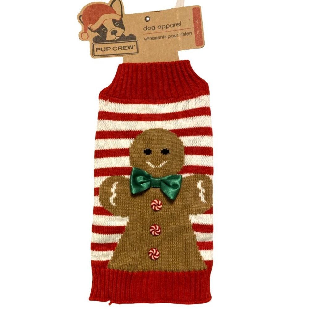 BNWT Pup Crew Gingerbread Man Striped Holiday Pet Sweater, Size S